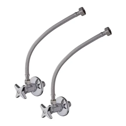 Conjunto llaves angulares metálicas con manguera flexible 12" para lavabo